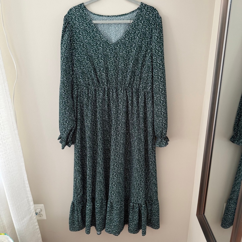 SHEIN Curve Floral Print V Neck Long Sleeve Ruffle Hem Midi‎ Dress Plus Size 2XL